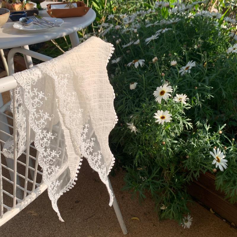 French Lace Triangle Scarf with Beige Floral Design, Retro Headscarf, Hairband, Bag Accent, and All-Match Ribbon Scarf