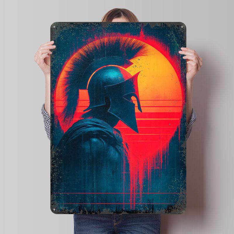 Spartan Warrior With Retro Sunset Tinplate Poster Customized Wall Art Vintage Retro Metal Signs for Home Decor Decoration Garage