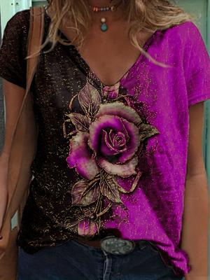 Футболка большого размера, женская футболка с принтом роз, коротким рукавом, V-образным вырезом, средней эластичности