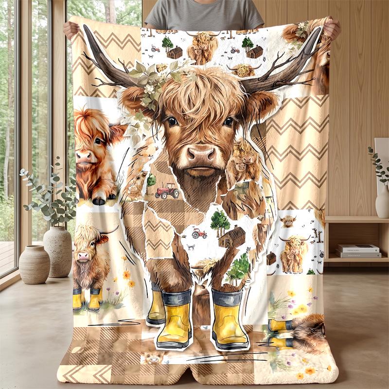 Highland Cow Fabric Patterns Theme blanket Lightweight Warm Flannel Blanket Decorative Throw Blanket for Home Decoration