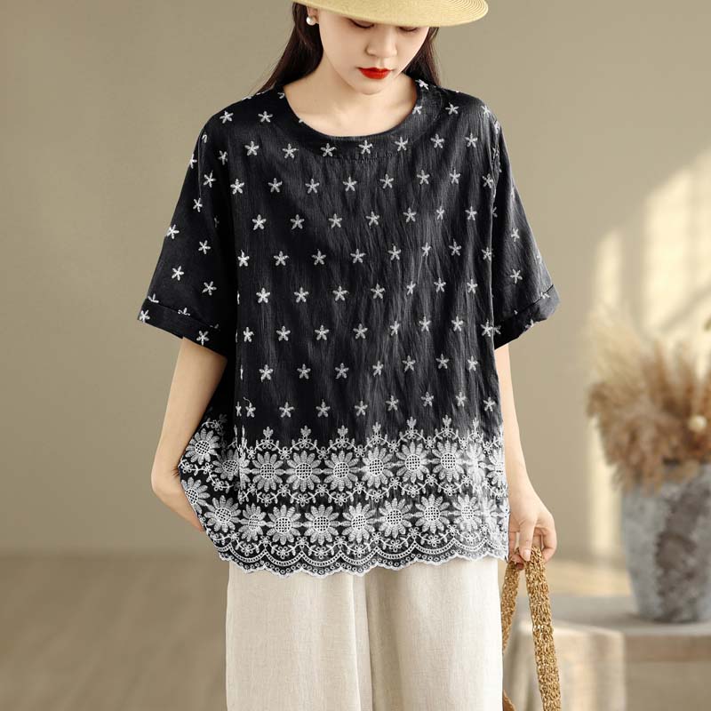 DIMANAF 2025 Новая летняя женская футболка больших размеров с коротким рукавом, свободный базовый повседневный топ, винтажная футболка с цветочным принтом