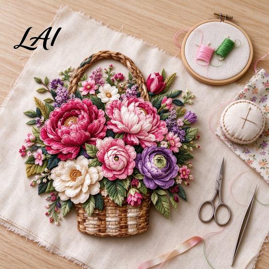 DIY Craft Kit with Precut Fabric Floral Basket Patchwork Kit Sewing Pre-cut Fabric Flower Project for Adults Handmade Home Wall Art Decor