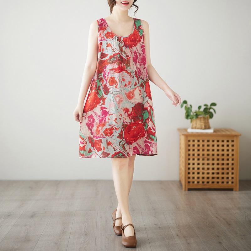 Без рукавов Плюс размер Хлопок винтажный цветочный новый в платьях для женщин повседневный свободный миди летнее платье