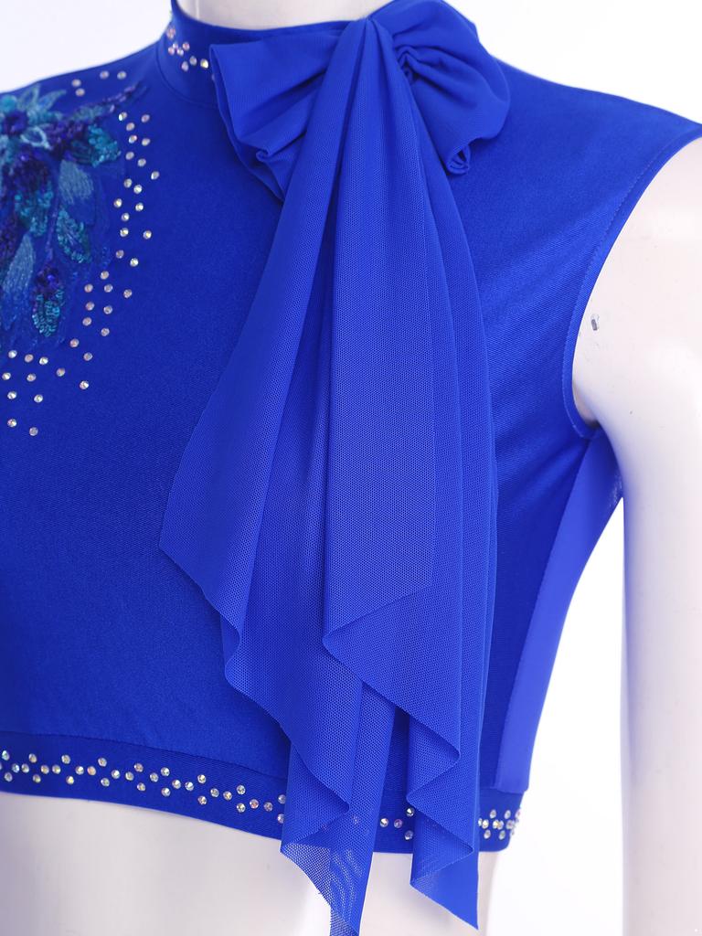 Женский современный танцевальный кроп-топ с пайетками, вышивкой, декором в виде банта, без рукавов, с вырезом на спине, танцевальная одежда