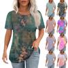 T Shirts For Women Pleated Round Neck Dressy Casual Blouses Printing Short Sleeve Summer Tops Loose Fit