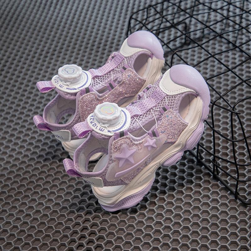 Girls' Sandals Summer New Breathable Button Mesh Shoes Children's Sports Beach Shoes Fashionable Lightweight Soft Sole