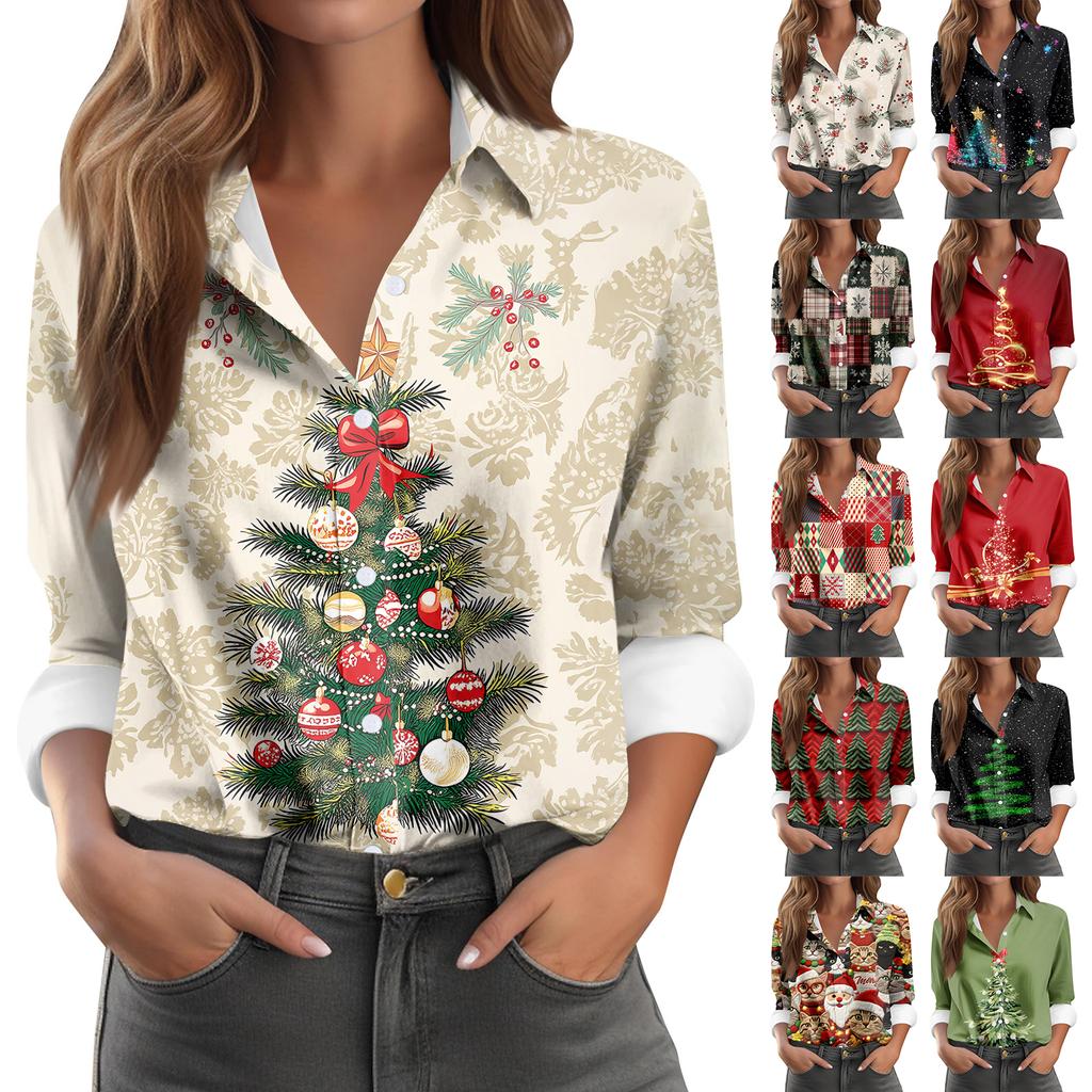 Женская рубашка-блузка с рождественским принтом и пуговицами, длинный рукав, повседневный базовый рубашечный воротник, обычный топ