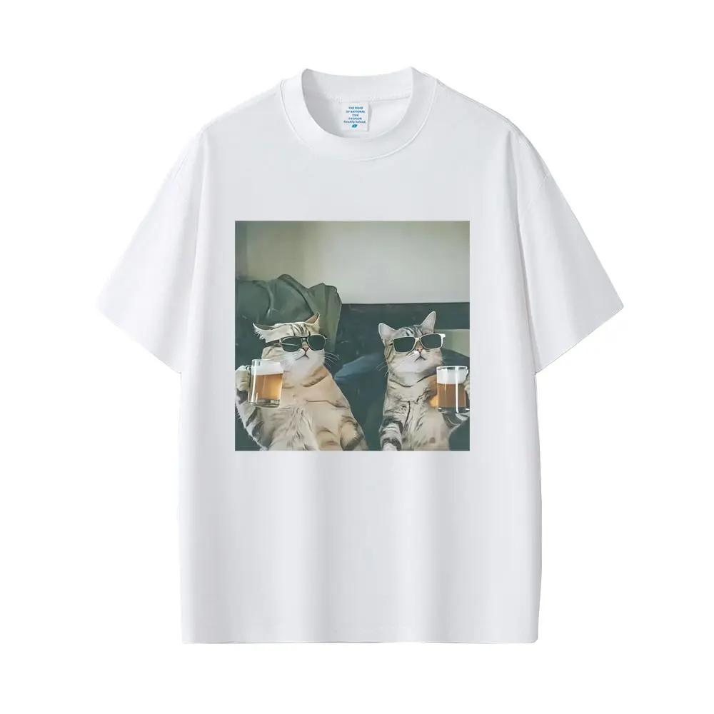 Cool Cat Drinking Beer Funny Emoji T-shirt Men's Casual Cotton Retro Short-sleeved T-shirt Men's Fashion Round Neck T-shirt Tops
