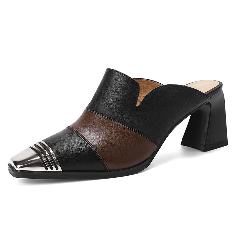 Мода 2025 Новые женские мюли из натуральной кожи с металлической отделкой, модные туфли на среднем устойчивом каблуке, летние клипсы, тапочки, женская повседневная офисная обувь