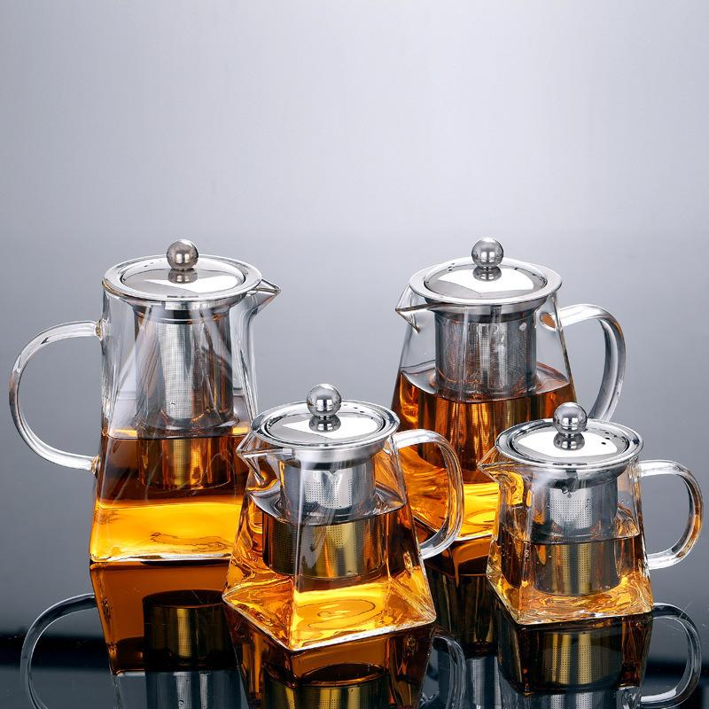 Heat Resistant Glass Teapot with Stainless Steel Coffee Infuser Heated Container Tea Pot Good Clear Kettle Square Filter Baskets