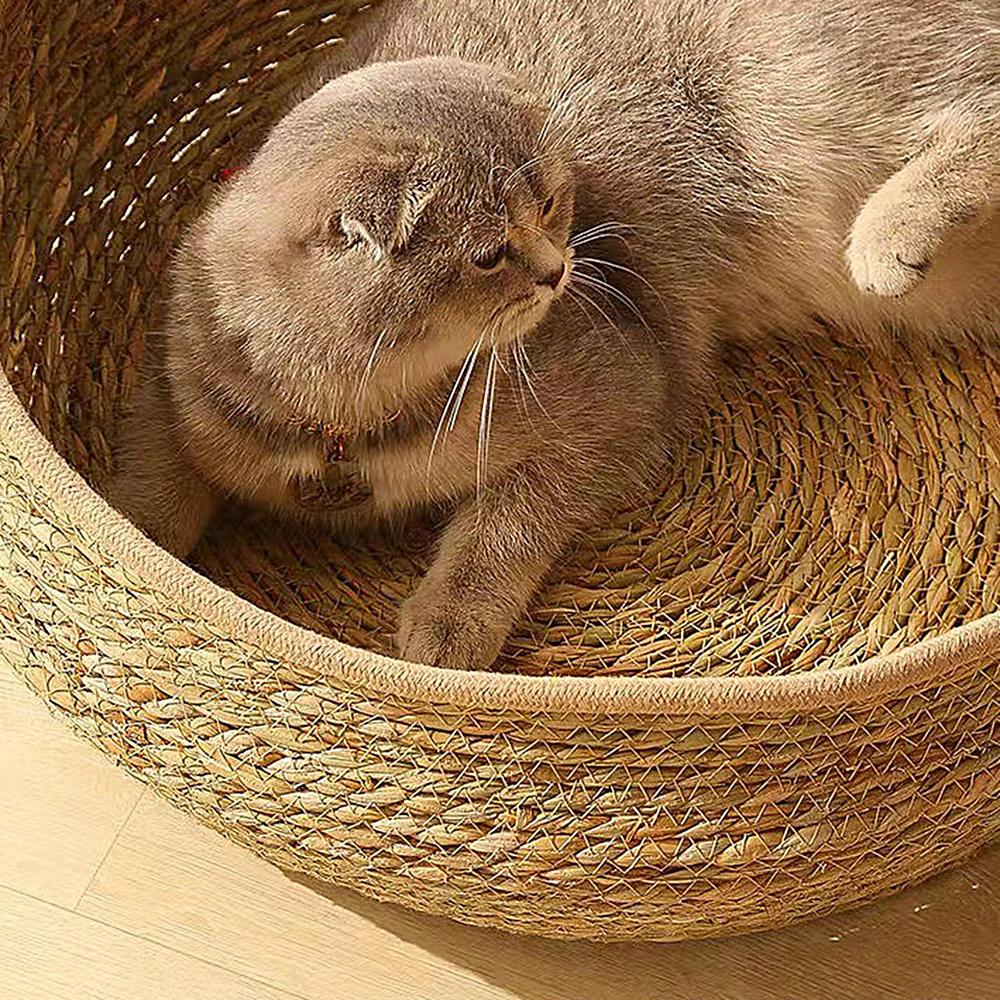 Натуральная лежанка для кошки, соломенное гнездо, плетеный домик для питомца, ручная работа, плетеный, износостойкий, из листьев рогоза, для всех сезонов, с мягкой подушкой, уютный