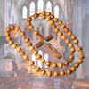 Large Wooden Beads Rosary Chain with Crosses Wall Hanging Catholic Religious Ornament for Home Church Spiritual Gift