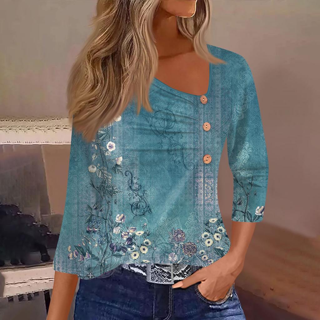 Women's T Shirt Tee Print Button 3/4 Sleeve Daily Weekend Fashion Basic Regular Top
