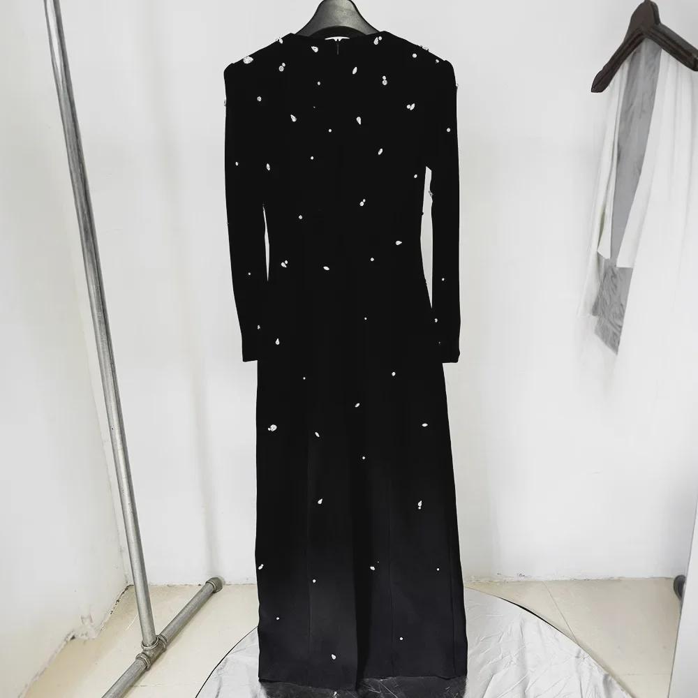 Элегантное платье с длинными рукавами, украшенное крупными бисером и бриллиантами, европейский и американский стиль 2024 г.