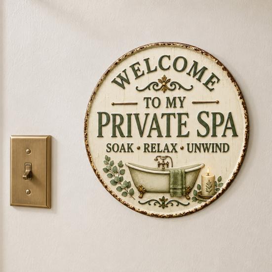 Rustic Bathroom Decor for Farmhouse Vintage Metal Tin Sign, 8 Inch Round Wall Hanging Accessories Plaque, Retro Funny Decorative Sign Restroom House