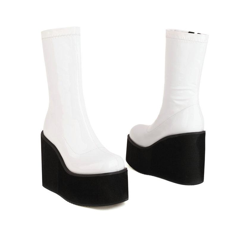 Легкая подошва из пеноматериала, платформа, танкетка, туфли на высоком каблуке для девочек, блестящая лакированная искусственная кожа, красные, белые эластичные ботильоны, готические женские черные сапоги