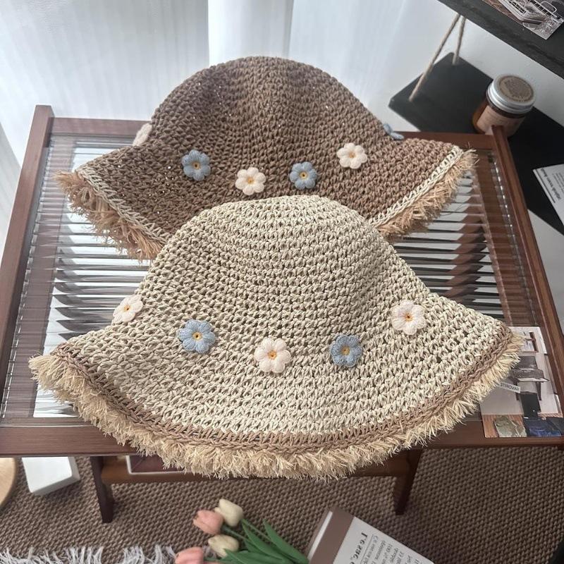 Seaside Straw Hat Women's Summer Bucket Hat New Handmade Straw Visor Flower Pastoral Sun Hat Big Brim Sun Protection Hat