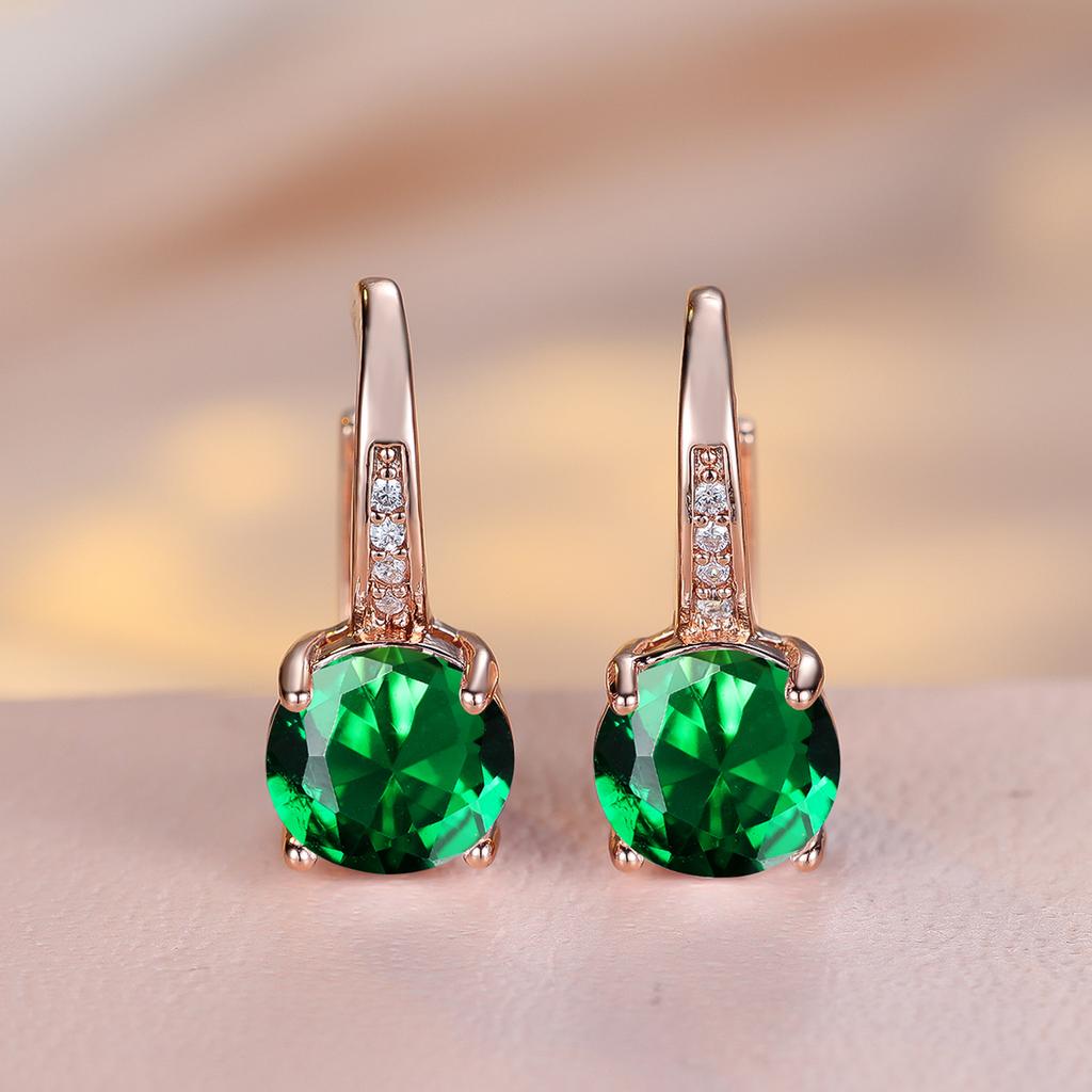 1 Pair Rose Golden Color Round Cut White Blue Red Green Stone Drop Earrings Fashion Women Wedding Jewelry Luxury Accessories