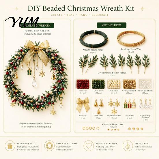 DIY Holiday Wreath Making Beaded Christmas Kit, Craft Kit with Colorful Beads Party Activity Supplies & Ornament Charms, Seasonal Bead Art for Adults,