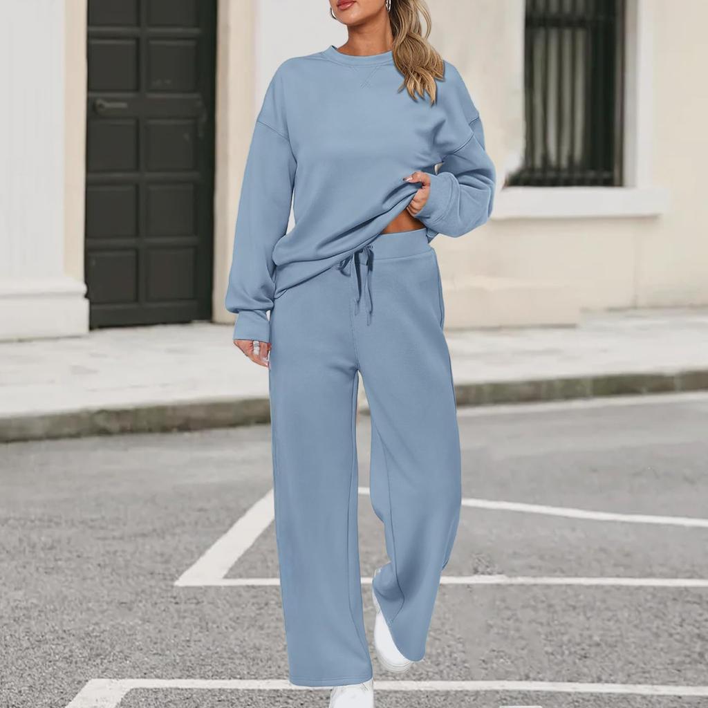 Women's Sports Suit: Solid Color Pullover, Drawstring Straight-leg Sweatpants, Women's Two-piece Casual Suit
