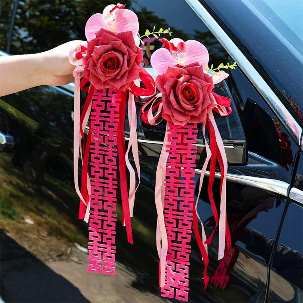 2Pcs Suction Cup Ribbon Wedding Car Flower Bowknot Bridal Car Decoration Photo Props