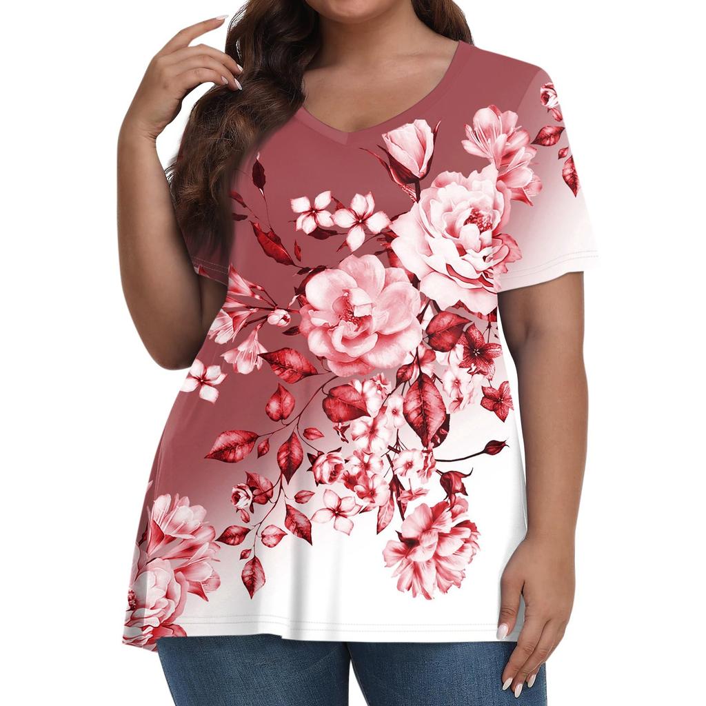Womens Plus Size Tops Short Shirts V Neck Casual Clothing 3D Printed Tops T-Shirts