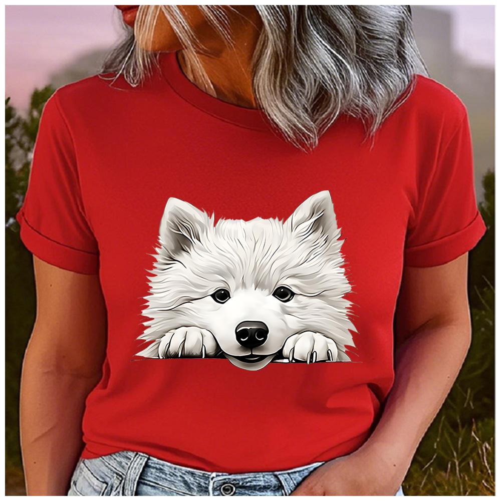 Cotton Cute Peeking Samoyed Dog Graphic Tshirt Women Fluffy White Puppy Print Casual Summer Short Sleeve Tee For Dog Love