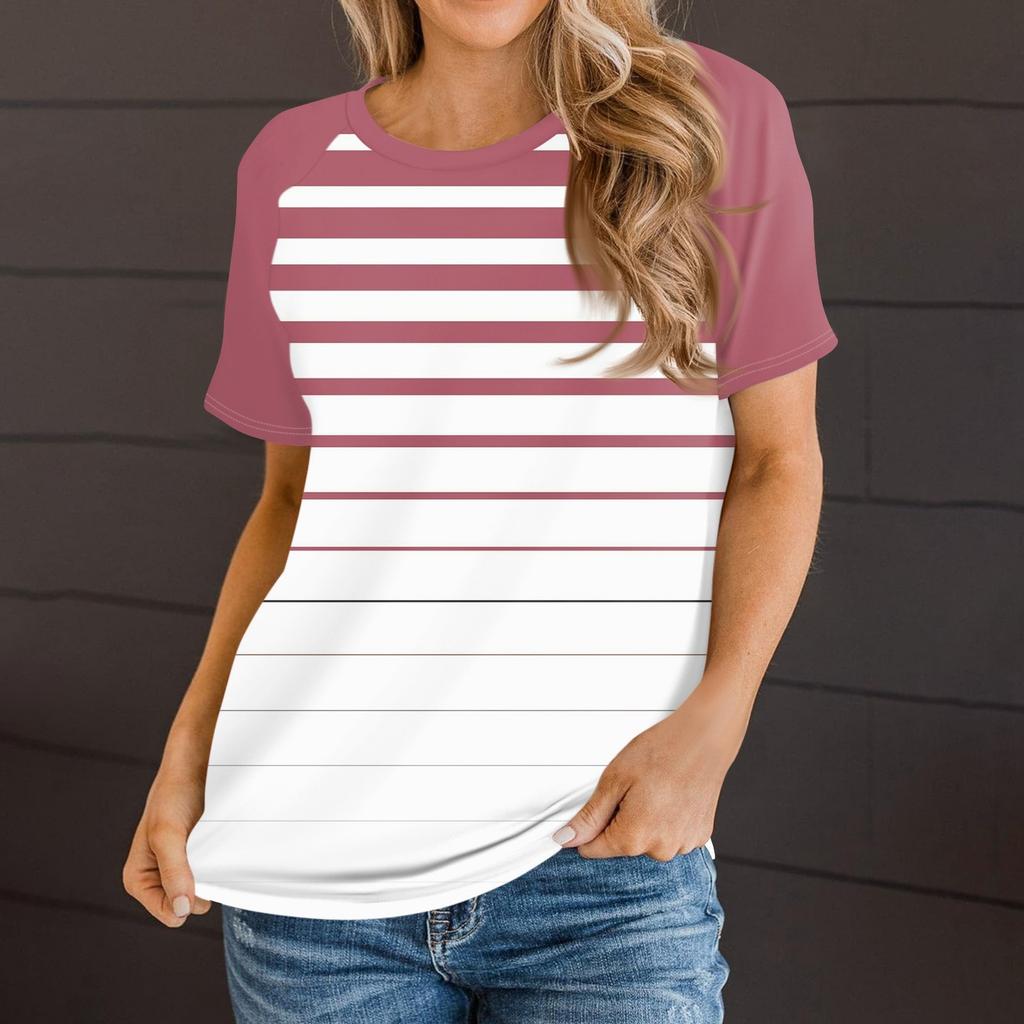 Женская летняя повседневная полосатая градиентная футболка с круглым вырезом и рукавом реглан с коротким рукавом