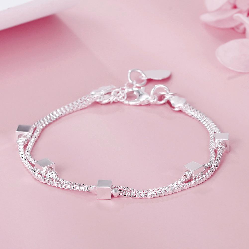 Fashionable 925 Silver Plated Three-layer Box Chain Square Bead Bracelet