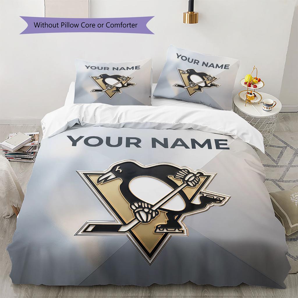 Custom Name,Pittsburgh Penguins Pattern Bedding Home Decoration Birthday Gift ( 1 duvet cover + 2 pillowcase, without core),fan merchandise.