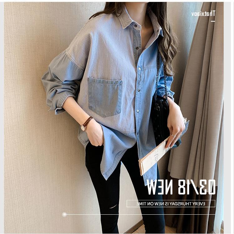Джинсовая рубашка, женская весенне-осенняя большая свободная рубашка с длинными рукавами, полосатая рубашка, универсальные повседневные топы