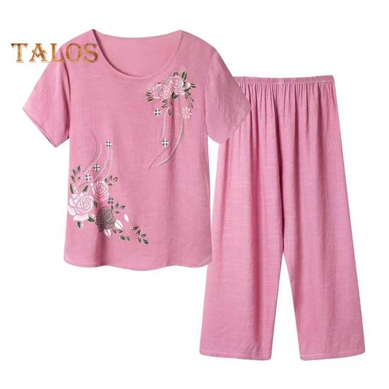 2 шт./компл., женская футболка, брюки, комплект домашней одежды, однотонный цветочный принт, круглый вырез с коротким рукавом, топ с широкими штанинами и эластичной резинкой на талии, свободные брюки, пижамы