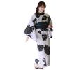 Yukata Set with Variegated Weave with Black and Gray Large One Size Fits "Wa Nadeshiko" Women's Set, 3-Piece (White Flowers, All)