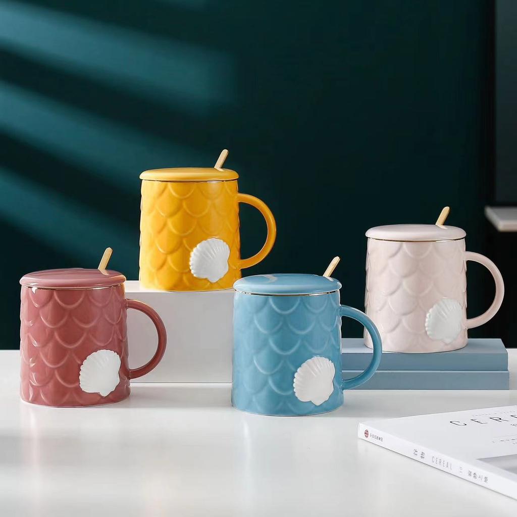 Creative Shell Ceramic Cup with Lid Spoon Small Fresh Afternoon Tea Coffee Mug Household Water Cup Large Capacity Cup