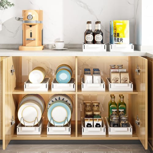 Выдвижная полка для хранения под раковиной с ящиками, Кухонная полка для хранения, Полка для приправ, Хранение посуды, 1/2 яруса, Большая вместимость, Пластик и углеродистая сталь,