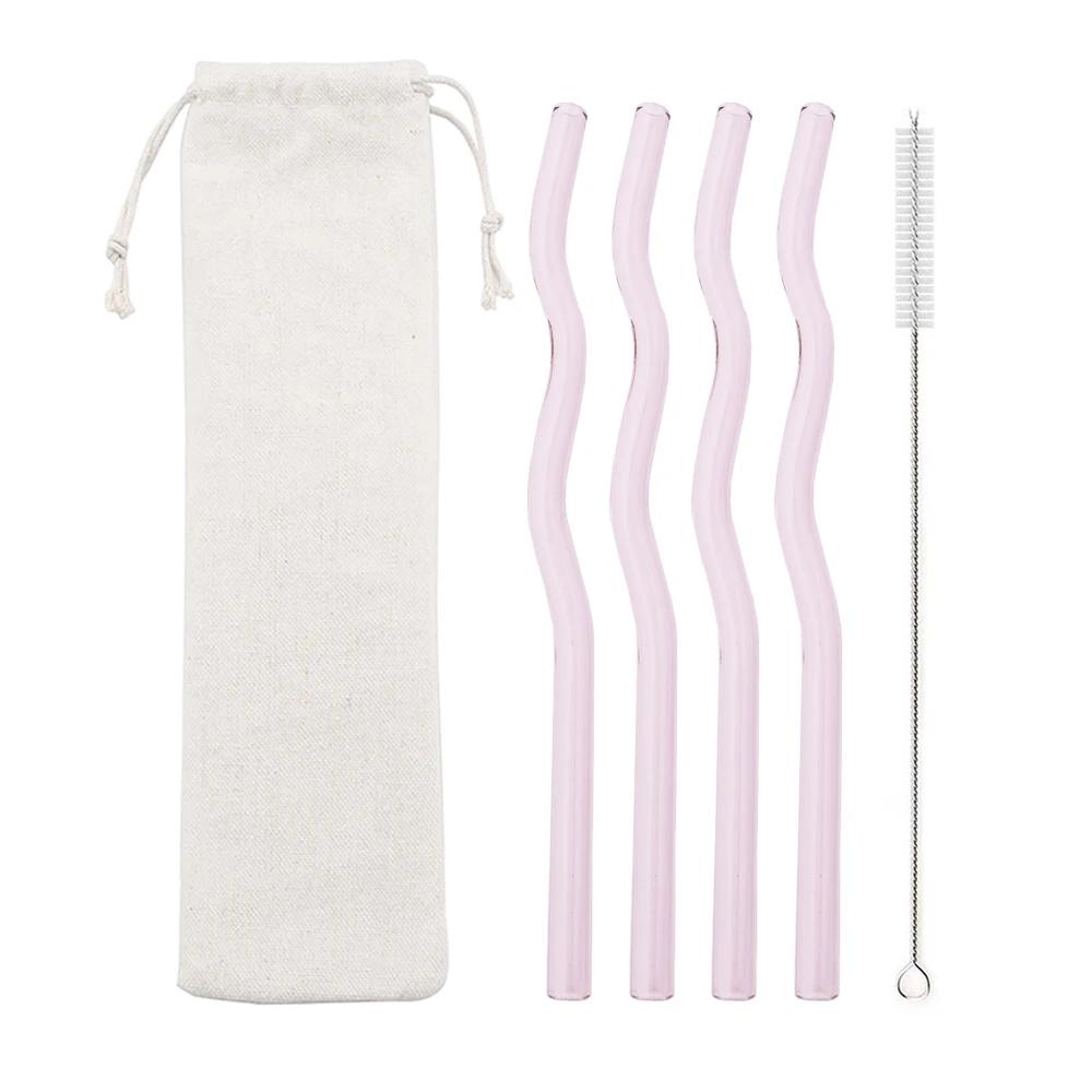 6 шт. Многоразовые стеклянные соломинки Волнистые Розовые Прозрачные Соломинки для питья Соломинка из высокоборосиликатного стекла Стеклянная трубка Сувениры для вечеринок Барная посуда