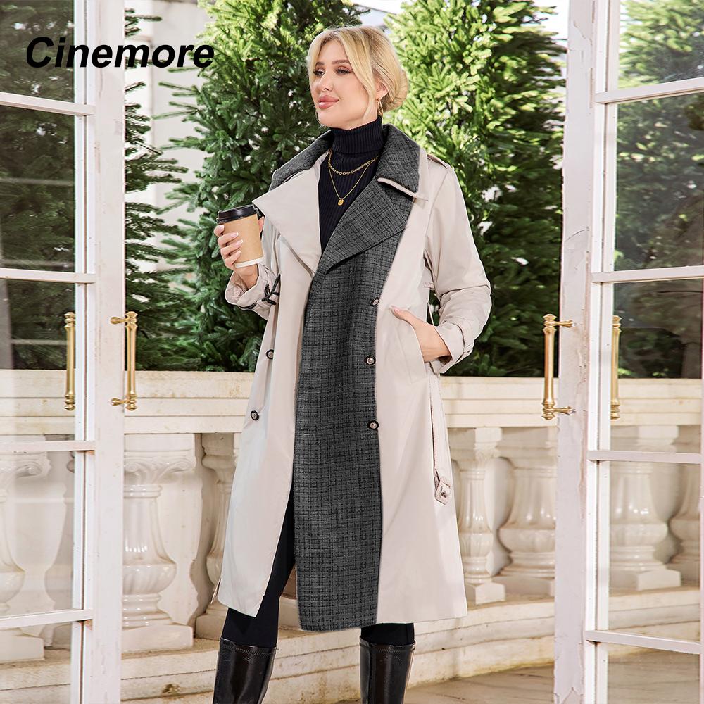 Cinemore Осенний плащ для женщин, длинная ветровка, куртка с двубортным лацканом и поясом, классическая повседневная женская TFD-512YG