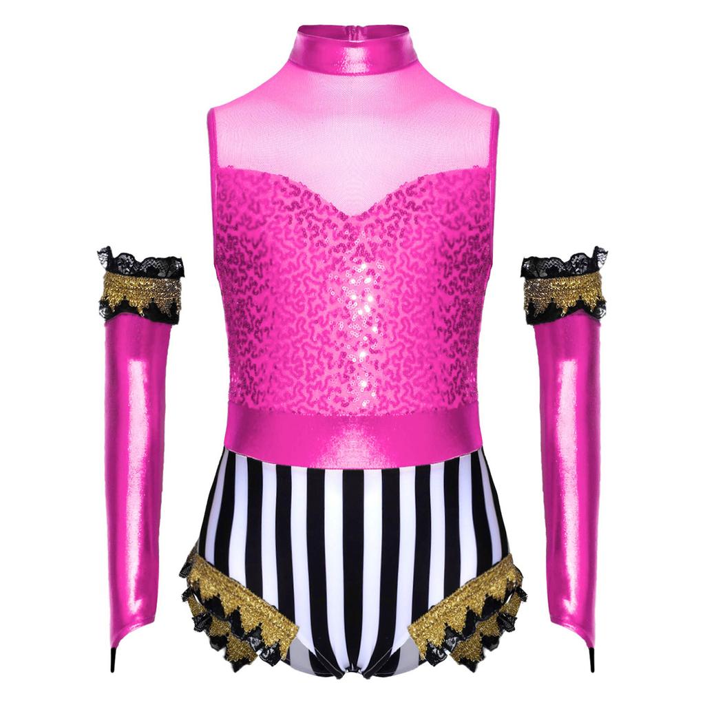 Girls Circus Costume Set Shiny Sequins Mock Neck Sleeveless Jumpsuit Matched Metallic Over Sleeve