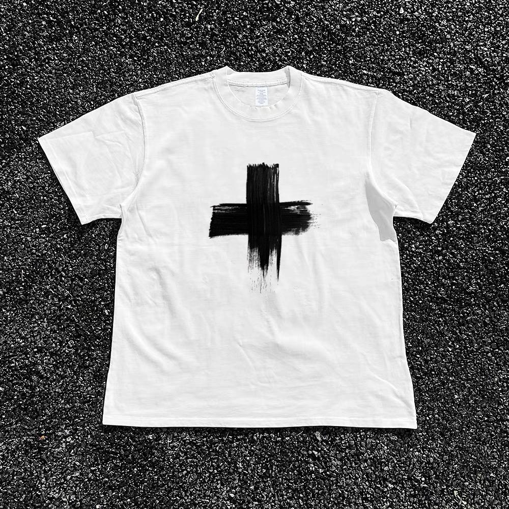 Summer Distressed Brush Stroke Cross Graphic Tshirt Minimal Abstract White Symbol Print Soft Cotton Unisex Short Sleeve Tee