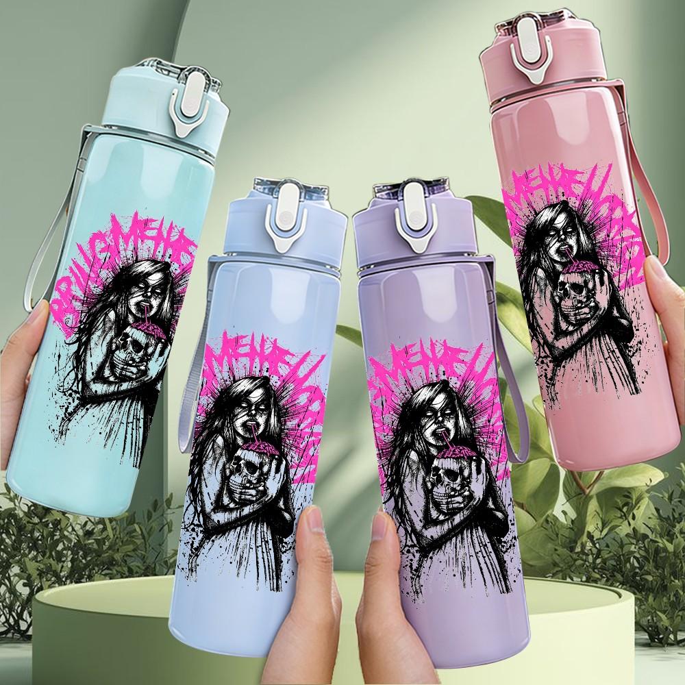1PC Pink spiky hair female band print 750ml colorful plastic sports water bottle leakproof pop up lid with straw for outdoor work home use