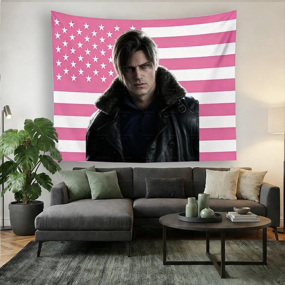 LLeon KKennedy Pink USA Flag Tapestry Game Character Wall Hanging for Bedroom Dorm Decor