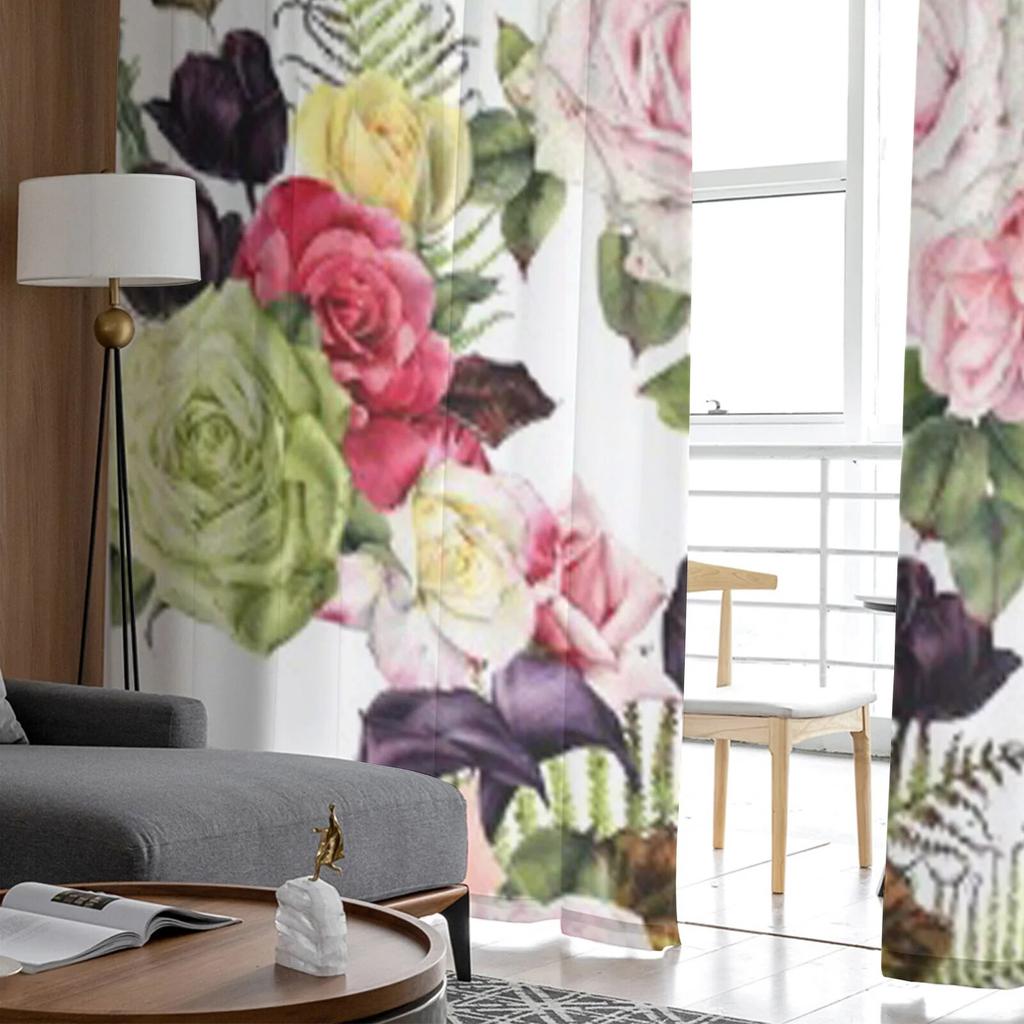 Floral Roses Watercolor Flowers Chiffon Sheer Curtains for Living Room Bedroom Kitchen Decoration Window Voiles Tulle Curtain