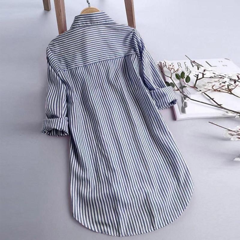 Женская летняя повседневная приталенная рубашка с длинным рукавом и полупуговицей в полоску с принтом