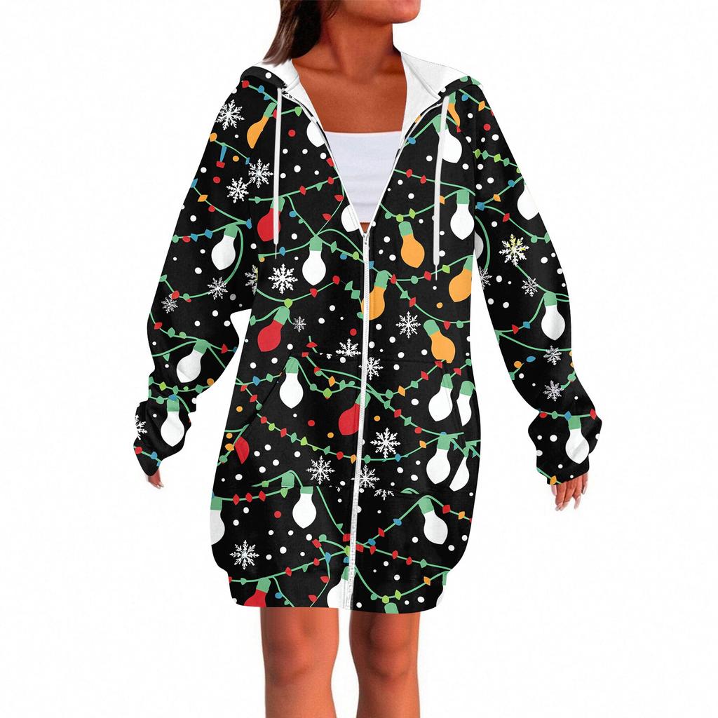 Women's Fashionable Christmas Printed Long Sleeved Drawstring Hooded Zipper Pocket Long Casual Sweatshirt Jacket