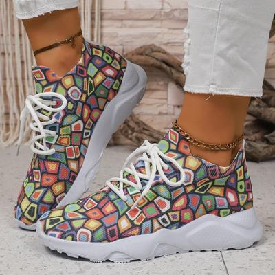 Мода 2025 Новая Женская Радужная Обувь Осень Новая Повседневная Ежедневная Женская Обувь на Плоской Подошве Круглый Носок Разноцветный Принт Кроссовки на Шнуровке
