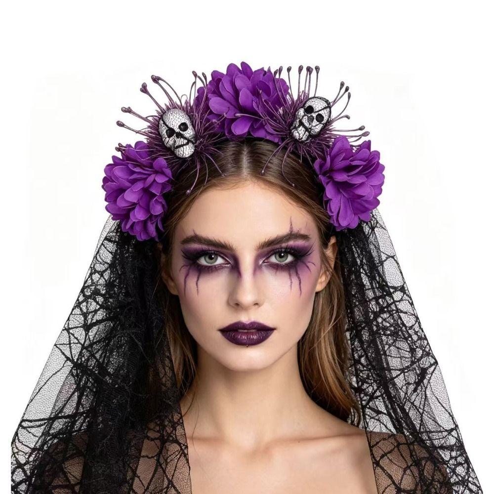 Dark Purple Skull Headband Lace Veil Gothic Hairband Stylish Skull Headwear Halloween Party