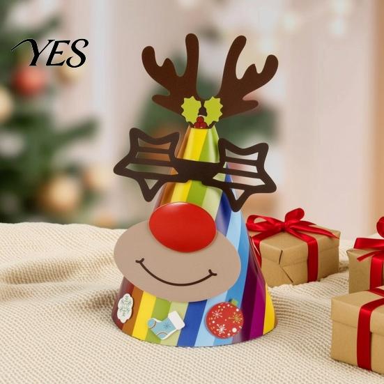 Kids Christmas Craft Party Hat for Adults, Tree Reindeer Santa Headwear Snowman Paper Cone Birthday Supplies Lightweight Festive Headgear