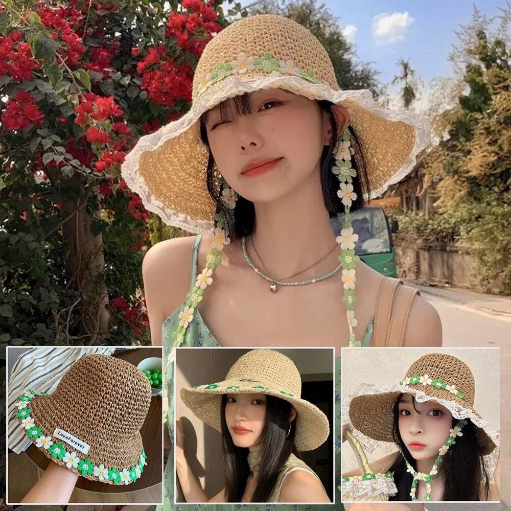 Breathable Flower Straw Hat Lace Trim Beach Hat Women Visor Bucket Hat Seaside Vacation