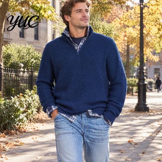 Loose Fit Knitwear Men Quarter Zipper Sweater, Long Sleeve Pullover Tops, Soft Versatile Layering Pieces Elastic Casual Knit Stand Collar for