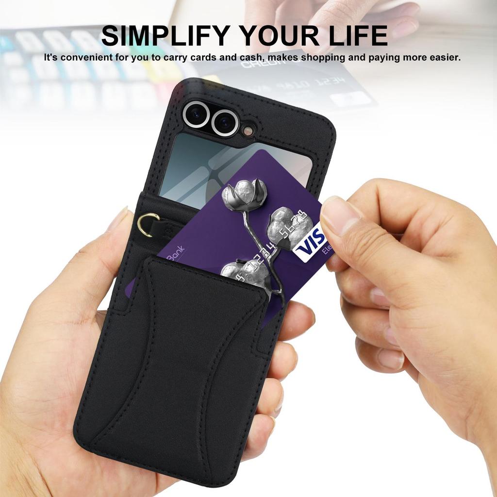 Кожаный чехол-кроссбоди для Samsung Flip6/7 с отделением для карт и защитой из закаленного стекла